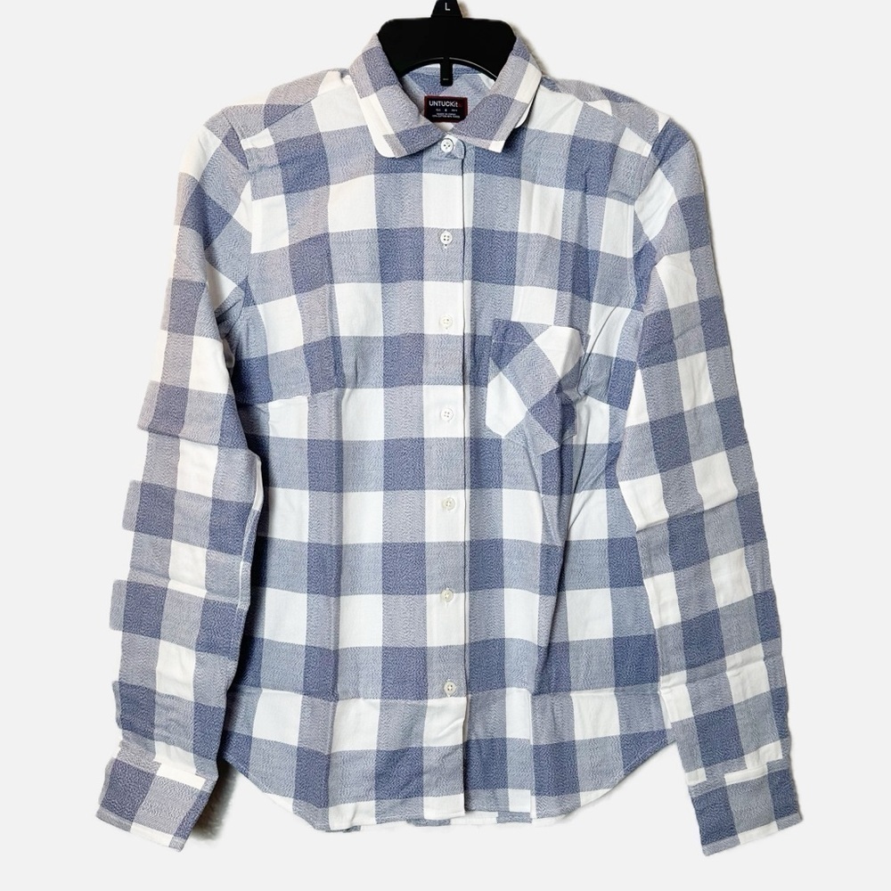 NWT UNTUCKit Shirt Volnay Woman Blue White Plaid Button Up
